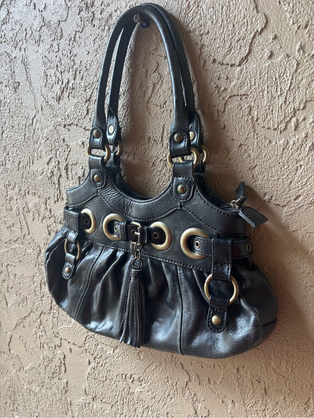 Hype Black Leather Shoulder Bag with Tassel and Gold Hardware